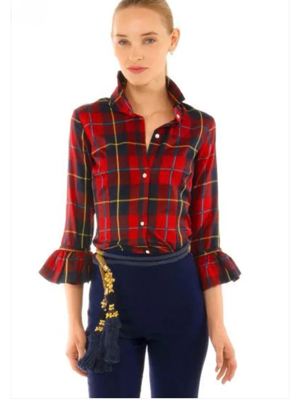 Gretchen Scott Designs Red Navy Yellow Plaid Ruffle-Sleeve Button-Down Top